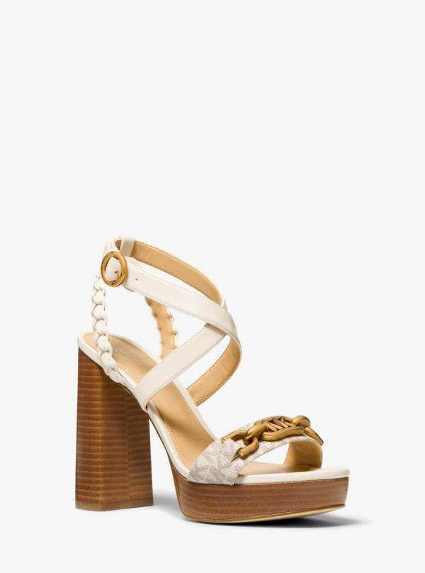 Damske Sandále Michael Kors Kailey Embellished Logo and Leather Platform Biele Žlté - Topanky Michael Kors Levně | ZSFDE-5487